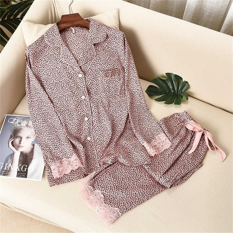 Lisacmvpnel Leopard Print Women Pajama Set Ice Silk Soft Touch Long Sleeve Suit Pyjamas 211007