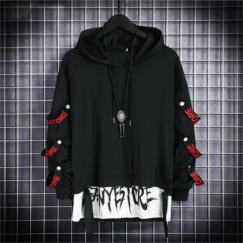 Men's Hoodies Sweatshirts HOUZHOU Autumn Hoodie Sweatshirt Casual Black Tops Techwear Hip Hop Harajuku Patchwork Japanese Streetwear Men 220826