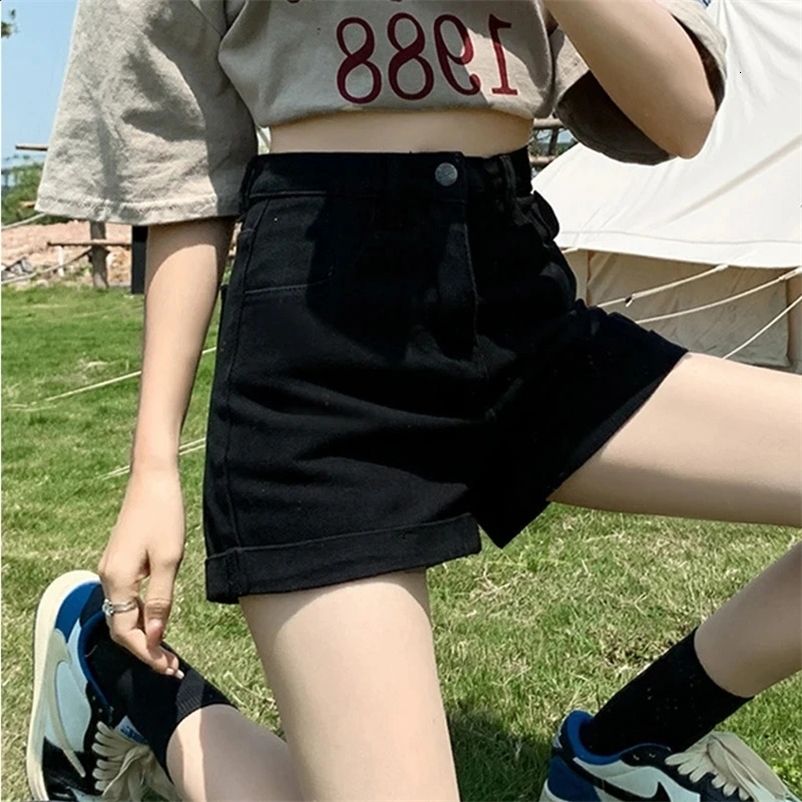 Summer Women High Waist Button Wigh Leg Jeans Shorts Casual Female Loose Blue Denim Shorts Black White 250118