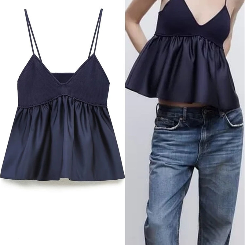 Camisoles Tanks TRAF Blue Crop Women's Knitted Tank Top Women's Sleeveless Backless Sexy Top Women's Ruffled Street Clothing Y2k Tight 