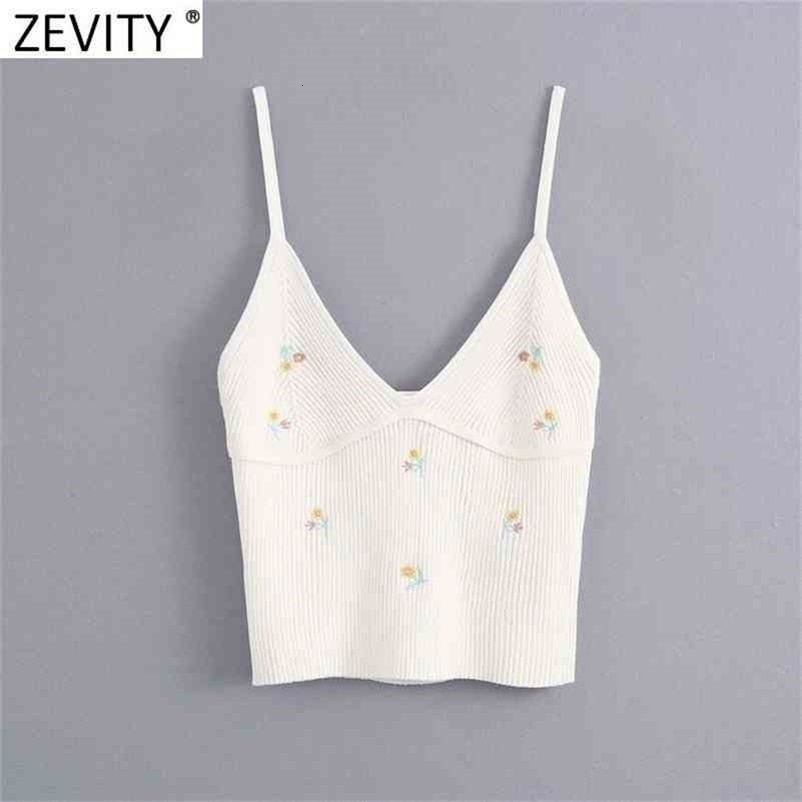 Zevity Women fashion floral embroidery camis tank tops summer wear female v neck knitted casual slim sling vest crop tops LS6984 210625