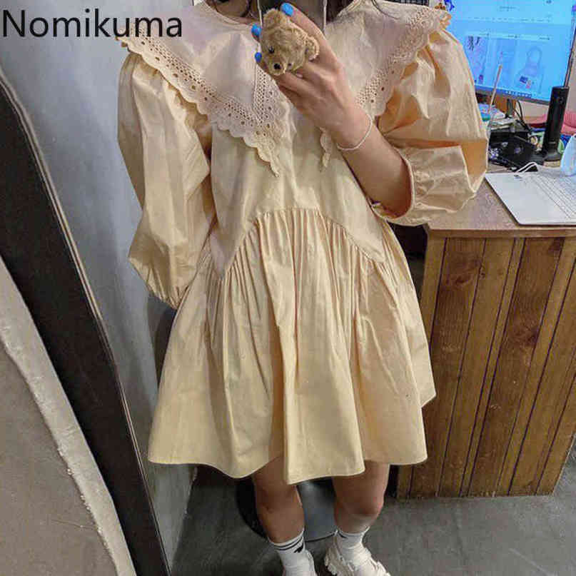 Nomikuma Korean Summer Woman Dress Peter Pan Collar Half Puff Sleeve Dresses Causal Bow Tie Backless Vestido De Mujer 6G666 210427