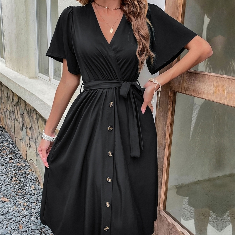 Casual Dresses JIM NORA Women's Summer Elegant V-neck Ruffled Midi Dress Short Sleeve Solid Button Casual Green Dress with Fashion 230408