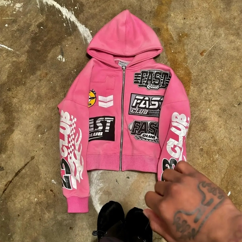Y2k Fashion Men Letter Printed Zipper Pink Hoodie Casual Vintage Harajuku Hip Hop Loose Long Sleeved Jacket Hip hop Hoodie 241231