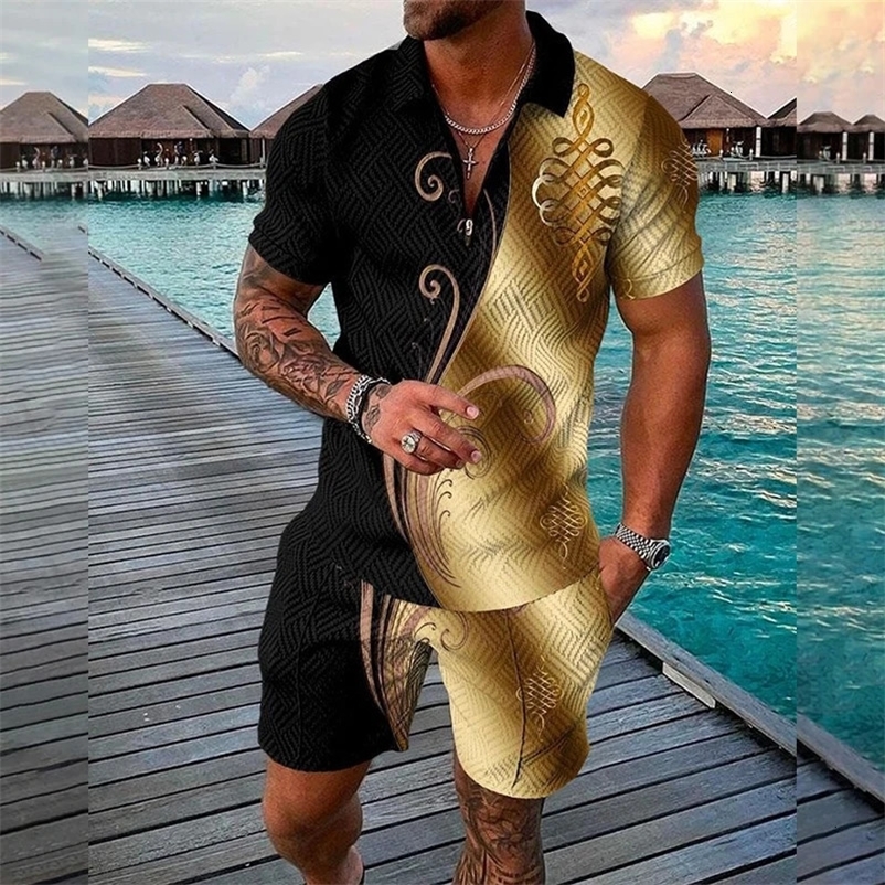 Men Outfit 2 Piece For Men Summer Polo Shirt Set Short Sleeve Tracksuit Retro 3D Printed Polo Shirts Lapel Zipper Casual Suit 240229