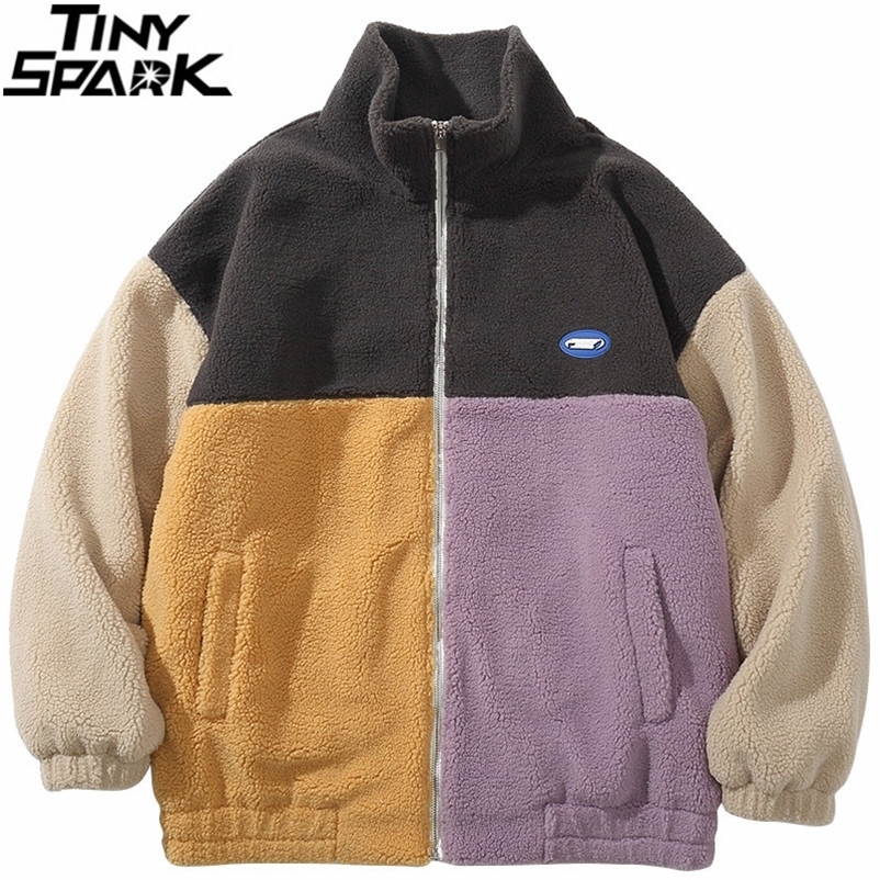 Men's Jackets Hip Hop Streetwear Coat Color Block Patchwork Furry Harajuku Cotton Casual Men Winter Outwear 221206