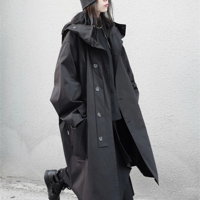 Lautaro Spring Autumn Long Large Black Gully Coat with Hoodie Dark Academic Aesthetics Womens er Clothing 250118