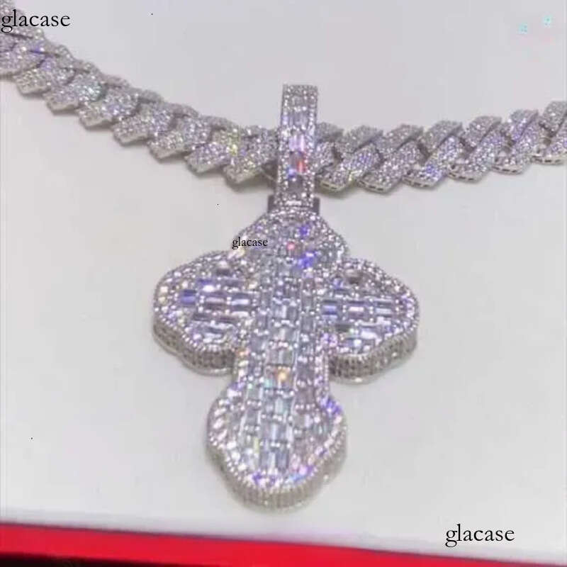 Hip Hop Cross Charm Baguette Cut VVS S Moissanite Cuban Chain With Pendant