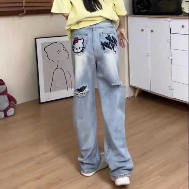 Sanrio Anime Kawaii Hello Kitty Vintage Ripped Jeans Children High Waist Design Niche Embroidery Straight Loose Wide Leg Pants L250925