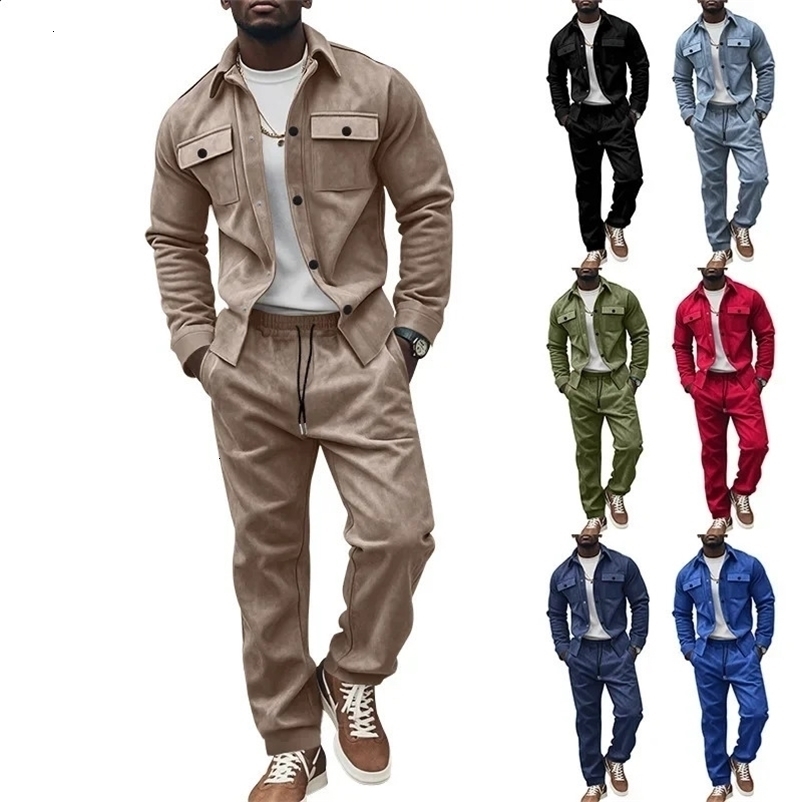 Autumn and winter cross-border American heavy jacket casual pants two-piece set solid color mens suede suit mens 241217