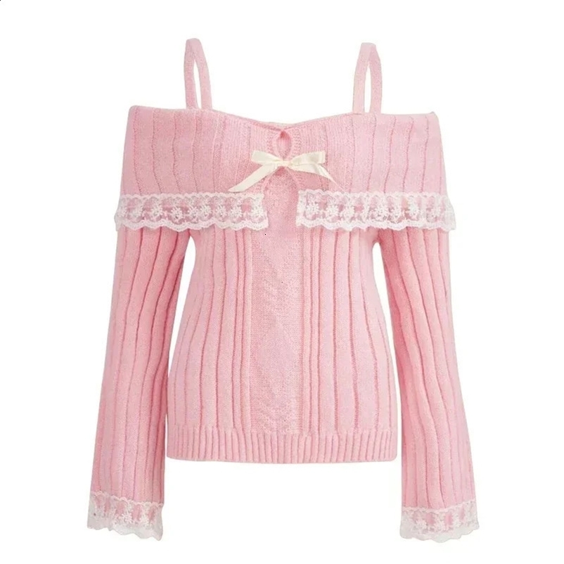 Womens Off Shoulder Knit Sweater Pink Pullover Sweet Pullovers Long Sleeve Bow Lace Patchwork Jumpers Y2k Streetwear 250210