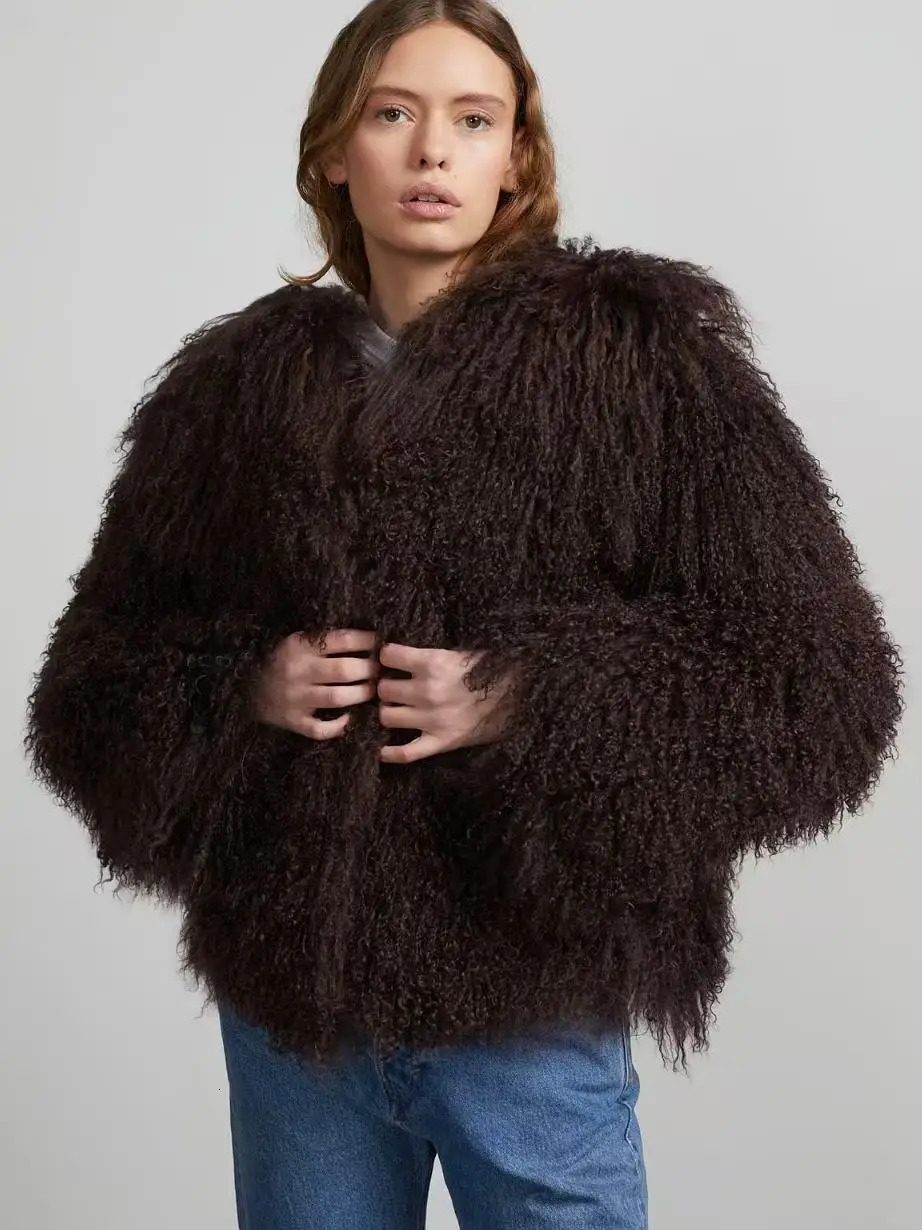 Mongolian fur coat fur jacket womens elegant fluffy solid color thickened thermal long sleeve coat winter fashion oversized lad 250916Z