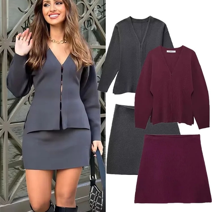 TRAFZA Women Spring Skirt Suits Solid V-Neck Long Sleeve Covered Button CardiganHigh Waist Knitted Mini Skirts Female Slim Sets 250225
