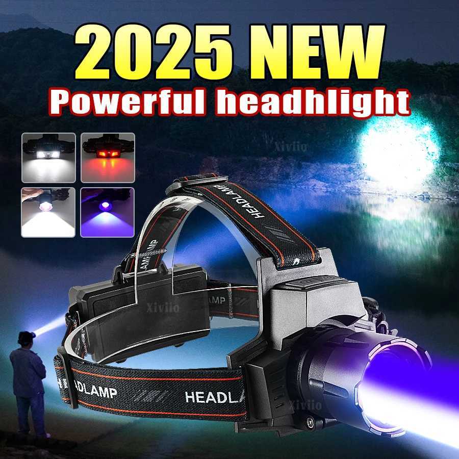 5000000LM Super Powerful LED Headlamp WhitePurple Light Rechargeable Headlight 18650 Head Flashlight Waterproof Fishing Lantern J250925