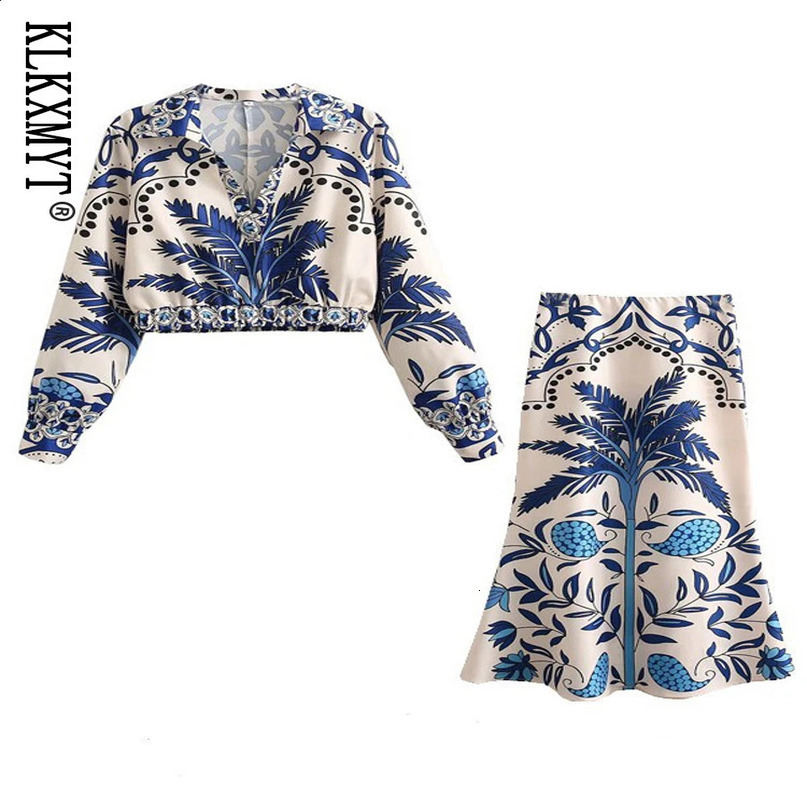 TRAF Women Fashion Print Midi Skirts Set Woman 2 Pieces Suit Female Long Sleeve Blouses Tops Vintage Casual Sets 240729