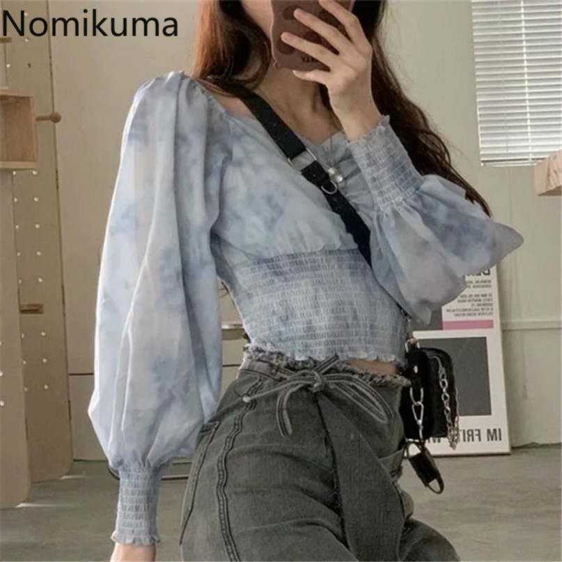 Nomikuma Korean Gradient Color Women Blouse Sqaure Collar Lantern Long Sleeve Shirt Autumn Short Top Blusas Feminimos 6D012 210427