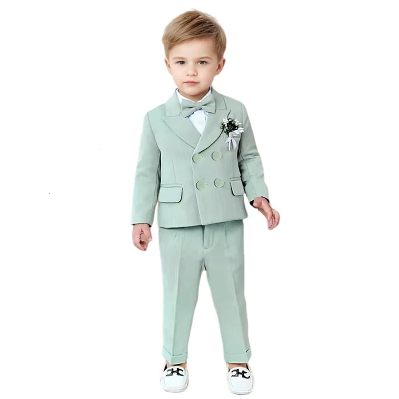 Boys Formal Green Suit Set Children Birthday Host Performance Pography Costume Kids Blazer Pants Bowtie Outfit 250219
