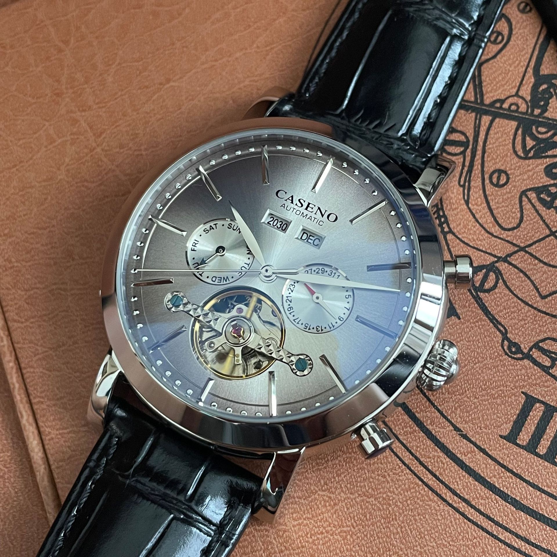 Elegant caseno Men's Chronograph High-Quality Stainless Steel Band, Self-Winding Movement w/ Complicated Tourbillon Feature