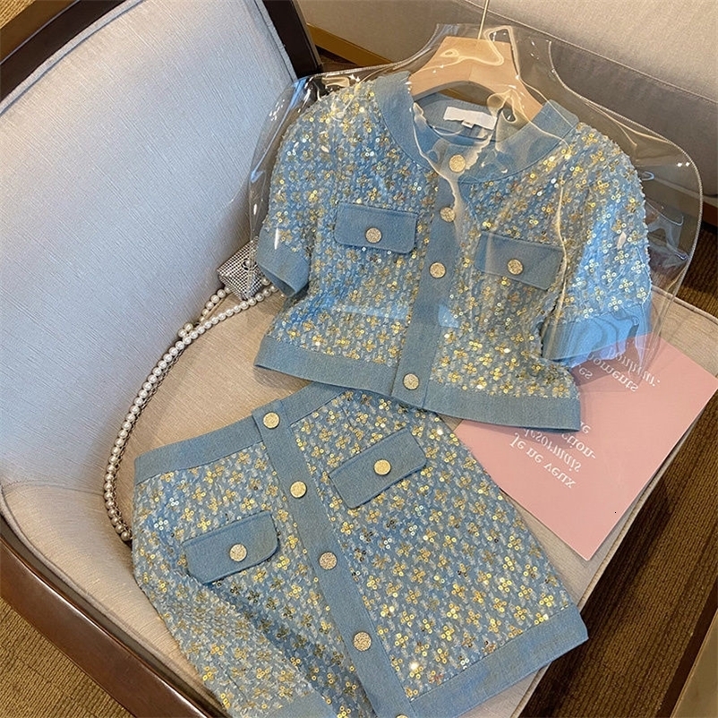 Two Piece Dress Summer Spring O-Neck Bellflower Embroidery Sequined Coat Beaded Cardigan Short-sleeved Tops A-Line Dress 2pcs Woman Suit Set 230720