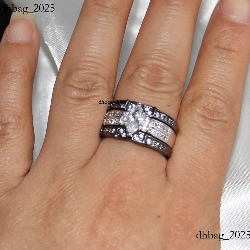 Vintage Fashion Jewelry High Quality 14KT White&Black Gold Filled Marquise CZ Dia Topaz Gemstones 3 IN 1 Wedding Couple Ring Set Gift