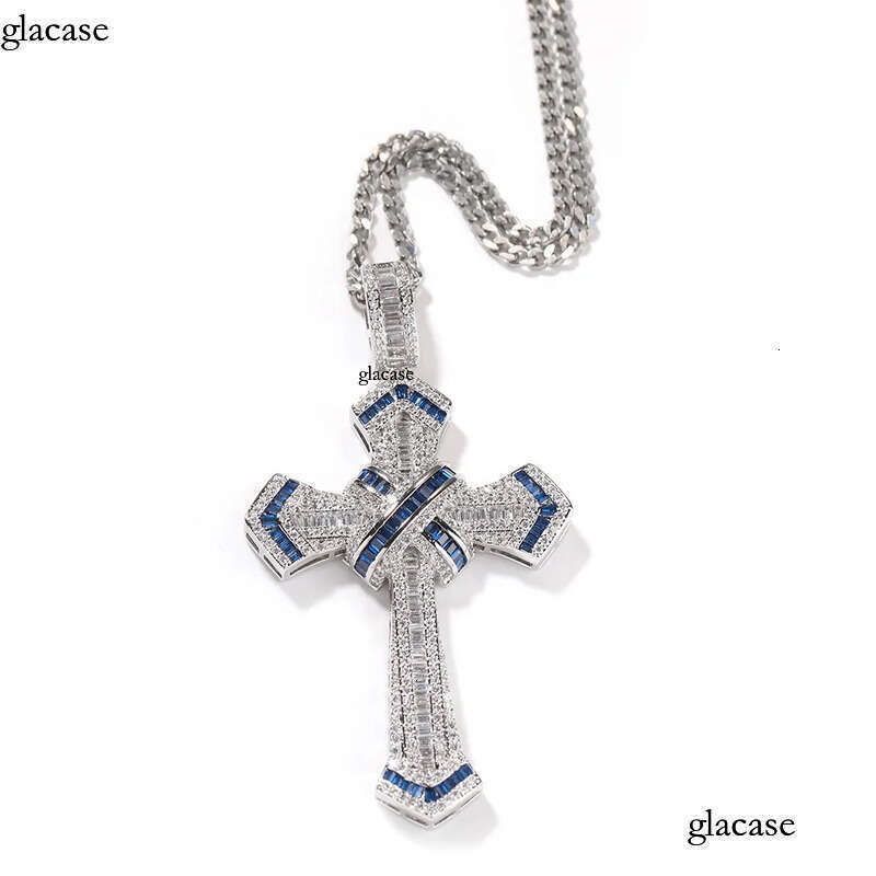 Hip Hop Cross Pendants Necklace Platinum Plated Men Women Lover Gift Religious Jewelry with Leather Rope Chain