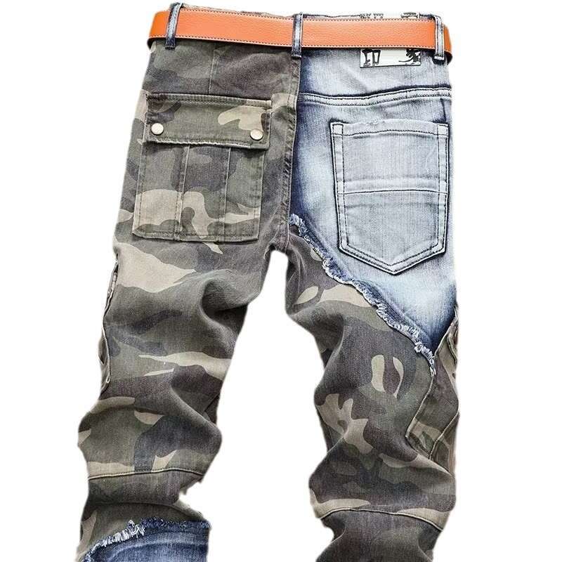 Lanjia- European Style Ripped Jeans Patch Men's Camouflage Slim Fit Skinny Trendy Brand Casual Long Pants Autumn Aa87f