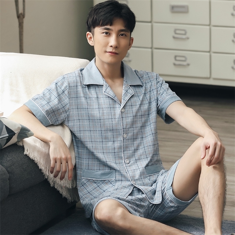 Men's Sleepwear Men Shorts Pajamas 100% Cotton 2 Pieces Fashion Sleepwear Pijama Man's Bedgown Home Clothes PJ Plaid Pure Cotton Pajamas Sum