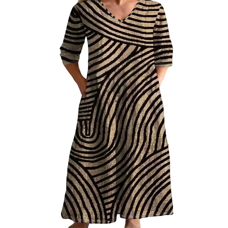 Women's Plus Size V-Neck 3/4 Sleeve Vintage Line Print Milk Silk Casual Maxi Dress-YL25379