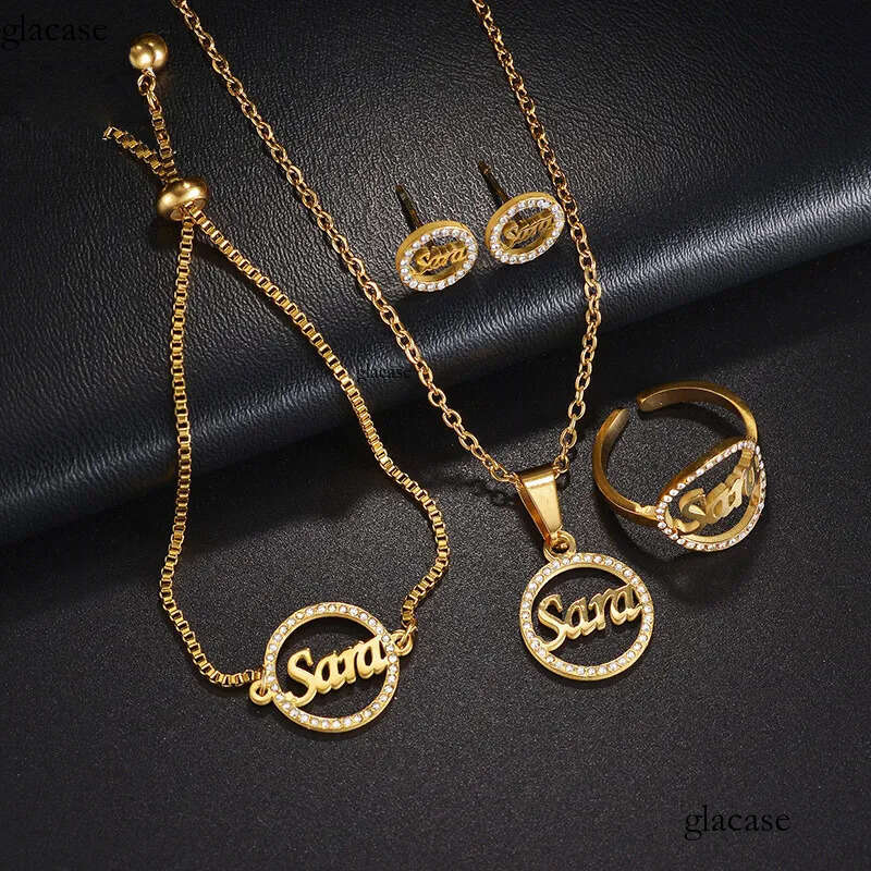 Hip Hop Custom Letters Name Pendant Earrings Ring Bracelet Jewelry Set Mother's Day Gift