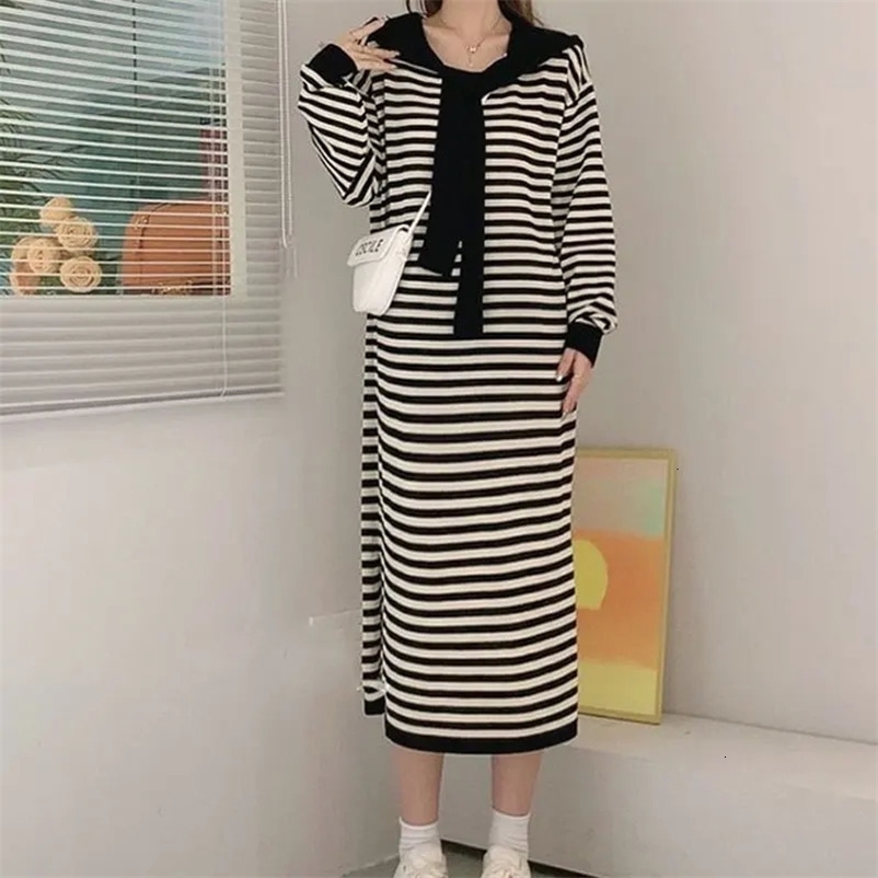 Women's Clothing Simplicity Printing Striped Fashion Loose Casual Temperament Sweet Long Sleeve Pullovers Office Lady Dresses 240126