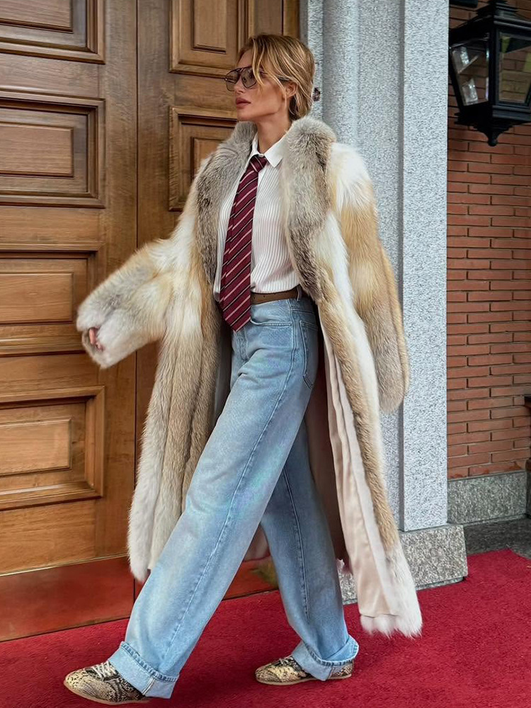 Elegant and Fashionable Gradient Mixed Color Long Fur Coat Autumn Winter Style 250924