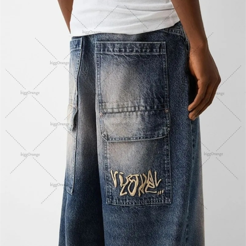 Y2k Trendy High Street Large Pocket Straight Trousers Men American Print Oversized Jeans Harajuku Casual Wide Leg Pants Women 240429