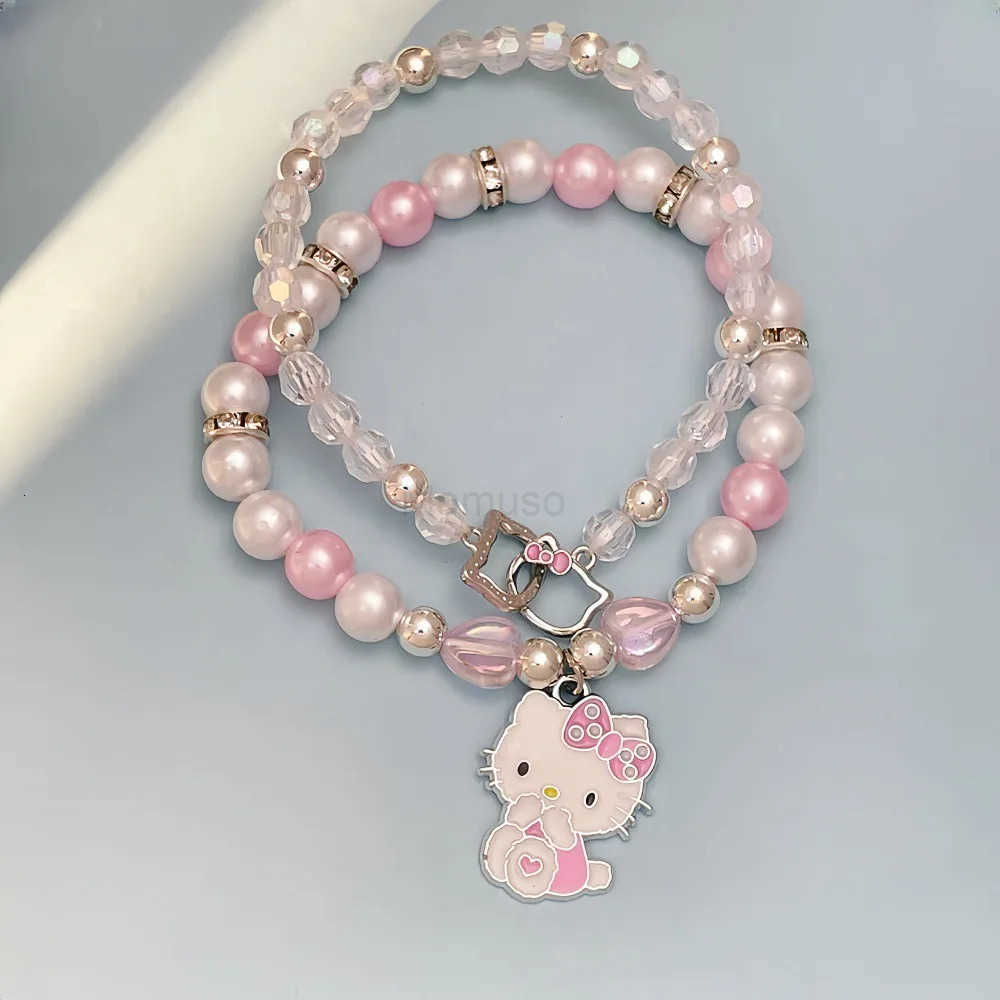 Sanrio 2Pcs Anime Bracelet Set Y2K Hello Kitty Kawaii Cartoon Crystal Beads Bangle Jewelry Gift For Girls Student Accessory L250925