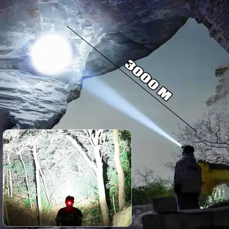 28000000LM Ultra Powerful LED Headlamp 4000M Rechargeable Headlight 18650 High Power Head Flashlight 15H Fishing Head Lantern J250925
