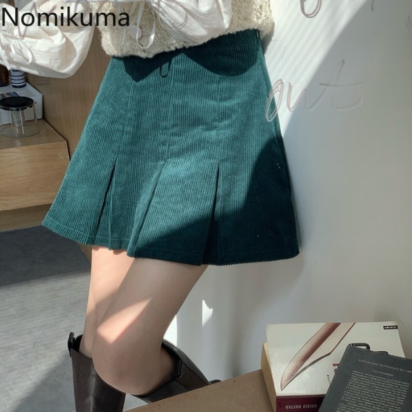 Nomikuma Vintage Corduroy High Waist Women Skirt Causal Pleated A-line Mini Skirts New Fashion Solid Faldas Mujer 6D968 210427