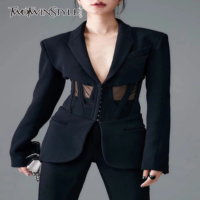 TWOTWINSTYLE Solid Blazers For Women Notched Collar Long Sleeves Patchwork Mesh Slimming Sexy Blazer Female Fashion Clothes 240801