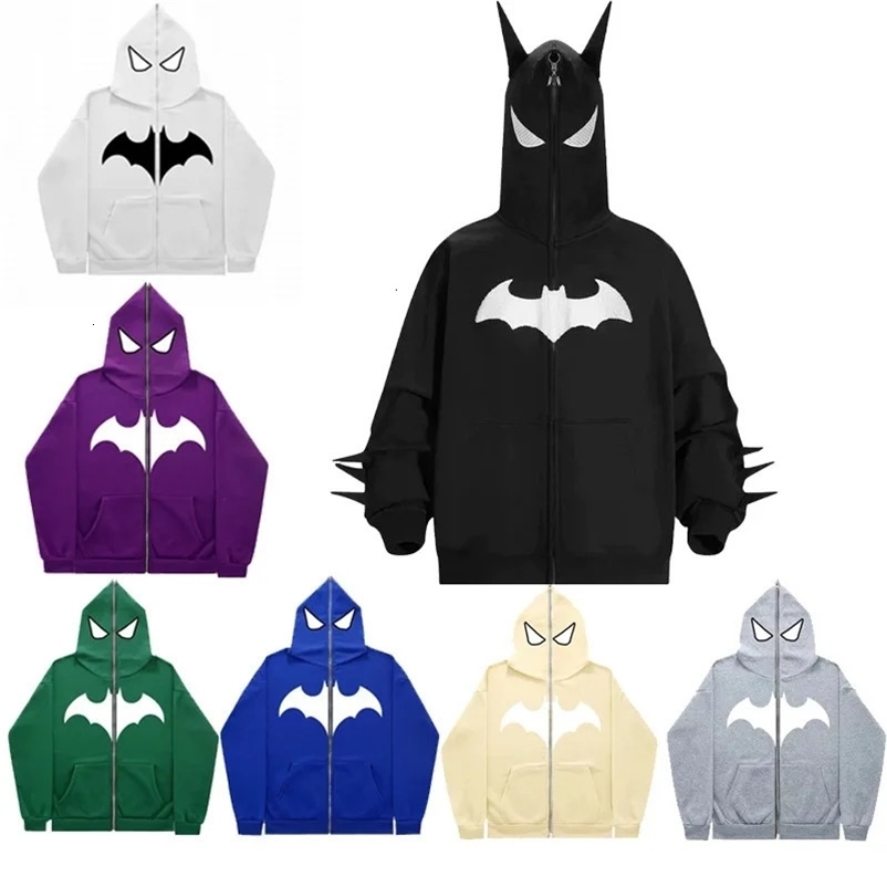 Y2K zip up hoodie Hip hop Streetwear Embroidery Bat anime hoodie Harajuku Men women Fashion Vintage Rock oversized sweatshirt 240106