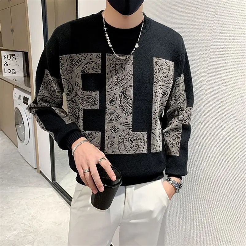 Man Clothes Letter Knitted Sweaters for Men Pullovers Black Round Collar Graphic Crewneck Fashion Korean Warm Y2k Vintage X 240911