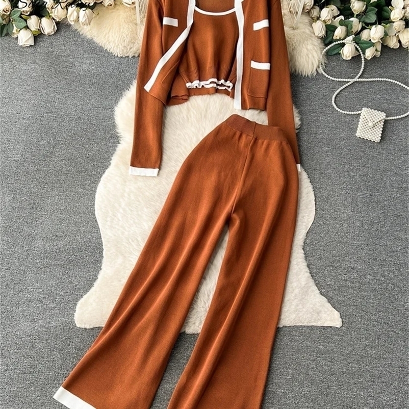 SINGREINY Autumn Knitted Three Pieces Sets Slim Tank TopLong Sleeves Short CardiganElastic Long Pants Fashion Sweater Set 241217