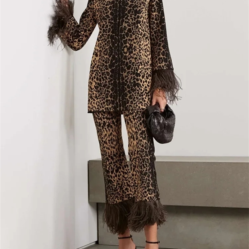 Missoo Autumn Leopard Feather Set Round Neck Long Sleeve Top High Waist Straight Pants Elegant Pants Set 241203