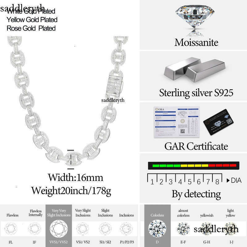 High Quality 16mm Baguette Moissanite k Sterg Sier Lab Mossanite Dia Iced Out Cuban Chain For Men 74