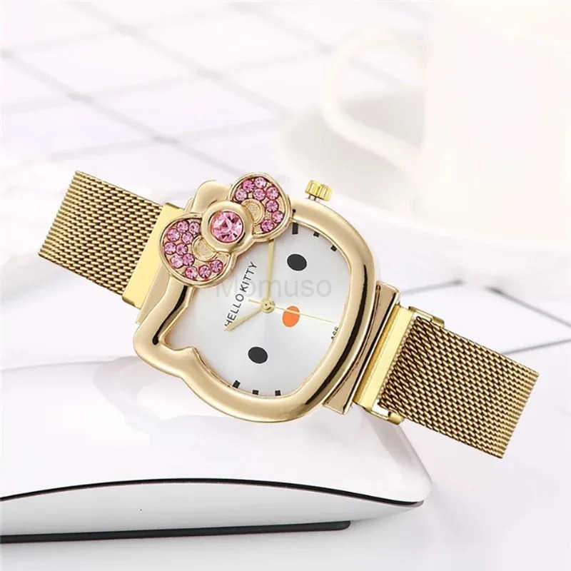Sanrio Kawaii Hello Kitty Watch Metal Vintage Diamond Bow Ladies Watch Kawaii Girl Birthday Cartoon Anime Student Magnet Strap Gifts L250925