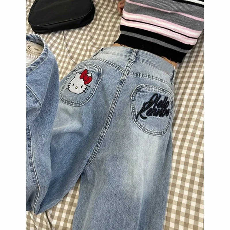 Sanrio Hello Kitty Y2k Jeans Cartoon Vintage Letters Embroidered Jeans High Waist Loose Wide Leg Pants High Street Womens Pants L250925