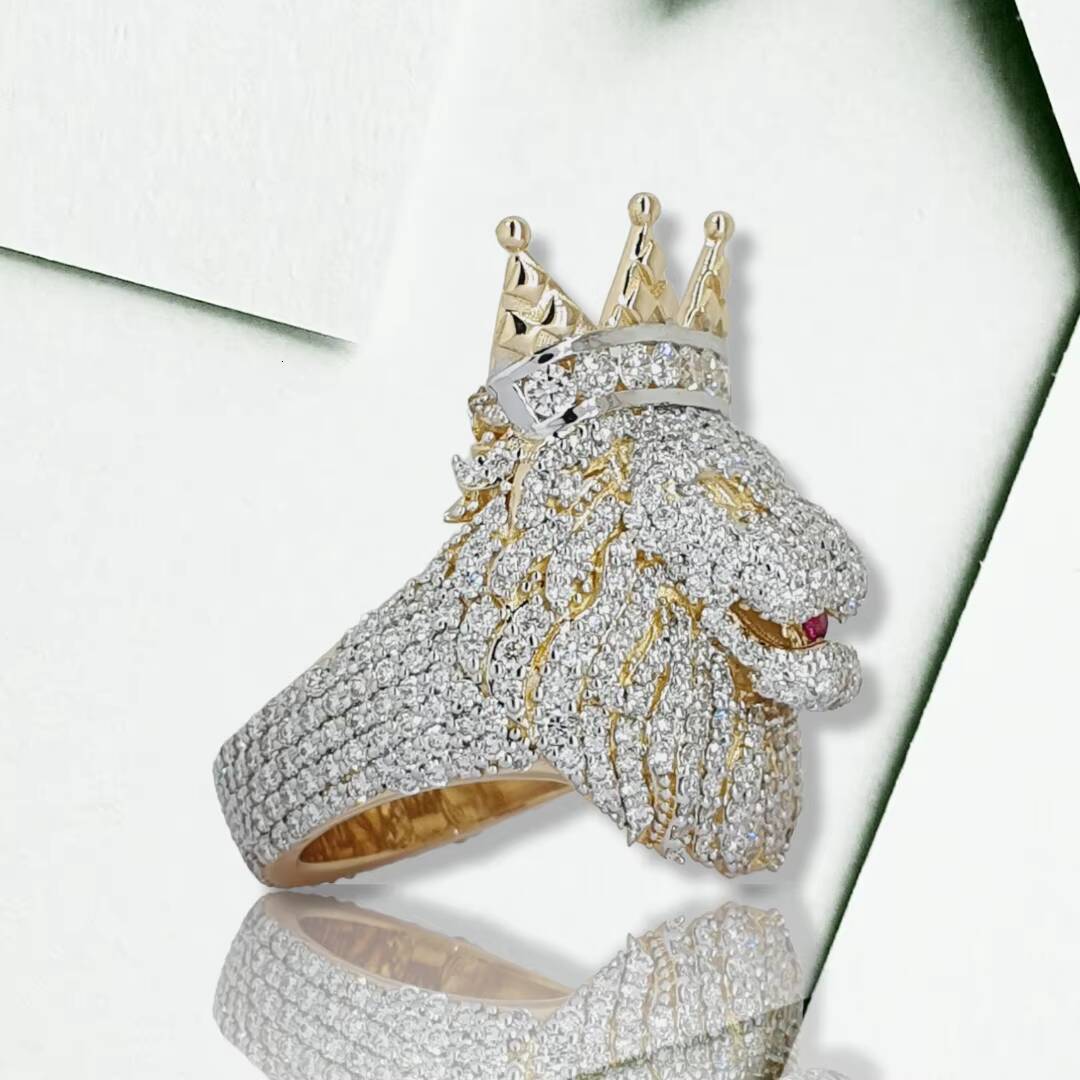 Mens Hip Hop Lion Head Pendant Fully Iced Out 925 Sterling Silver Moissanite Diamond Ring VVS Clarity Ring Hip Hop Jewelry
