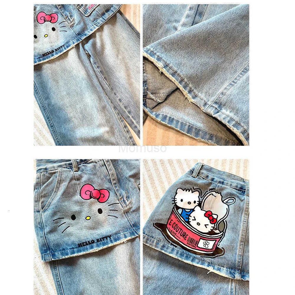 Sanrio American Print Hello Kitty Jeans Cute Female High Wais Long Pants Summer New Retro Loose Look Thinner Straight Trousers L250925