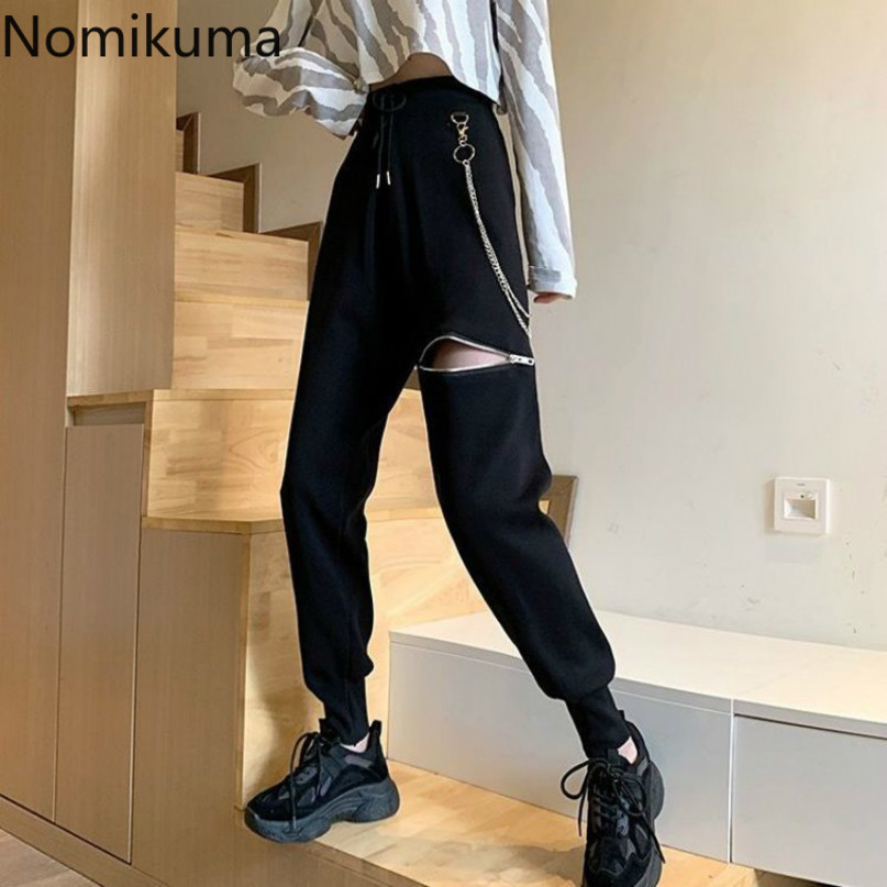 Nomikuma Chain Zipper Hole Women Knitted Harem Pants Lace Up High Waist Cargo Trousers Autumn Winter New Sweater Pants 6C665 210427