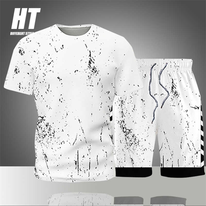 Sport Suit Men Summer Casual Set Men Splash Ink Short Sleeve T Shirt+Shorts Gym Fitness Jogging Sportswear Quick Dry Tracksuits 210603