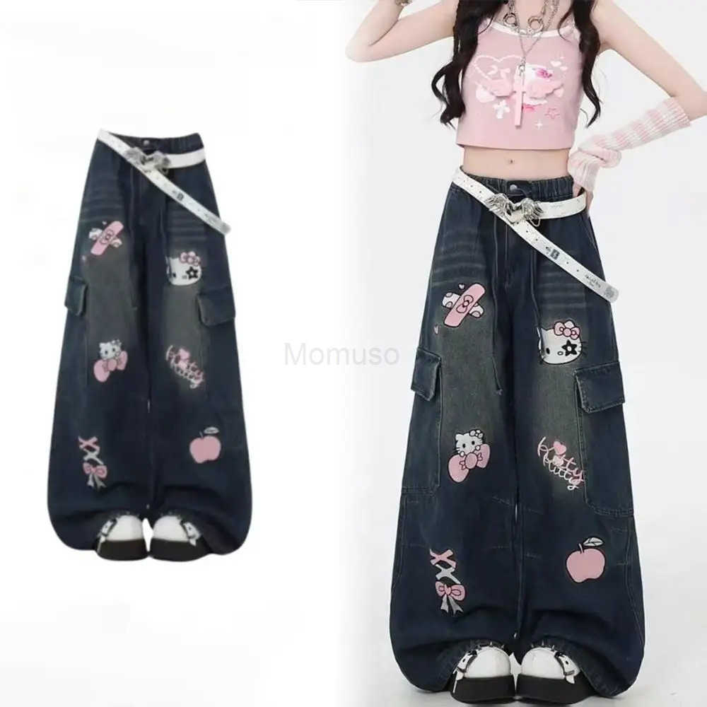 Sanrio Cartoon Retro Women Jeans Y2K Hello Kitty Loose Anime Wide Leg Pants Cute American Straight Leg Pants Sweet Girls Gift L250925