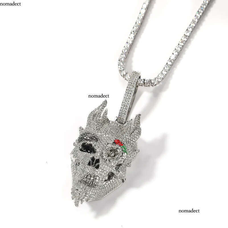 Iced Out Rose Skull Pendant Necklaces Mens Gold Necklace Fashion Punk Hip Hop Jewelry 2d