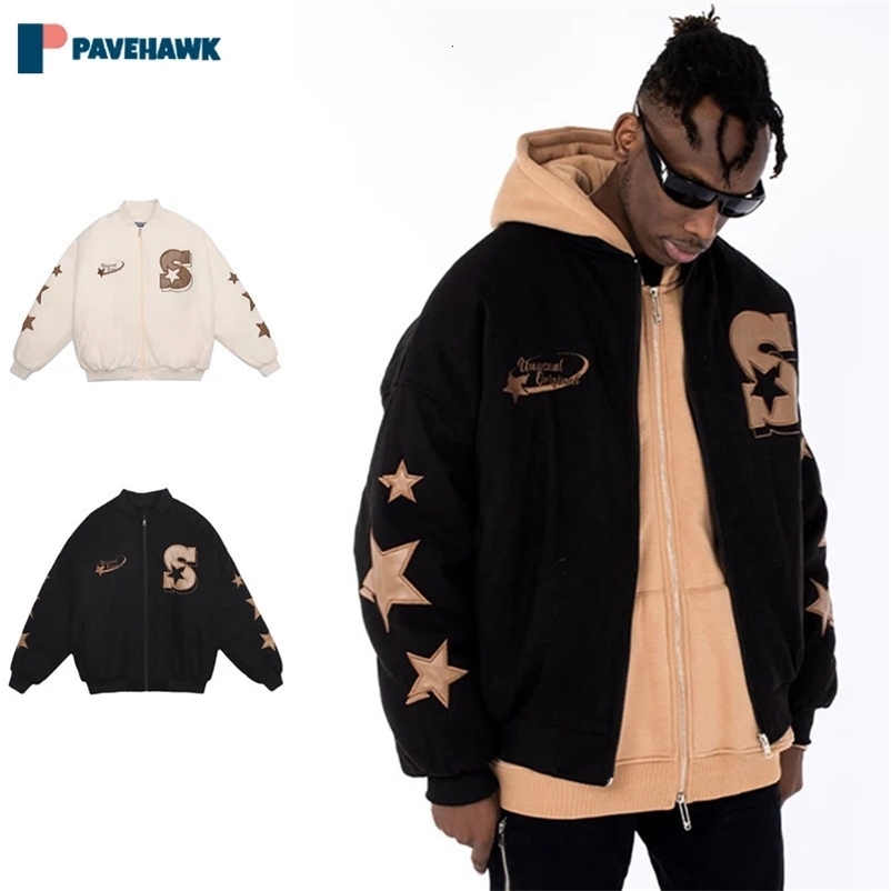 American Retro Baseball Jacket Man Street Star Letter Embroidery Y2K Jackets Coats Autumn Winter Warm Zip Bomber Outwear Unisex 240530